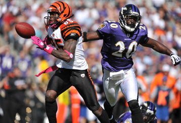 BALTIMORE - OCTOBER 11:  Chad Ochocinco #85 of the Cincinnati Bengals fumbles the ball after a catch against the Baltimore Ravens at M&T Bank Stadium on October 11, 2009 in Baltimore, Maryland. The Bengals defeated the Ravens 17-14. (Photo by Larry French/Getty Images)