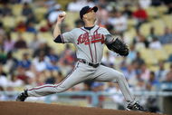 LOS ANGELES, CA - JULY 09: Pitcher Tim Hudson #15 of the Atlanta Braves throws a pitch against the Los Angeles Dodgers on July 9, 2008 at Dodger Stadiium in Los Angeles, California. The Dodgers won 2-1. (Photo by Stephen Dunn/Getty Images)