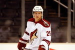 LOS ANGELES, CA - SEPTEMBER 15:  Lauri Korpikoski #29 of the Phoenix Coyotes warms up prior to the game against the Los Angeles Kings at Staples Center on September 15, 2009 in Los Angeles, California.  (Photo by Jeff Gross/Getty Images)