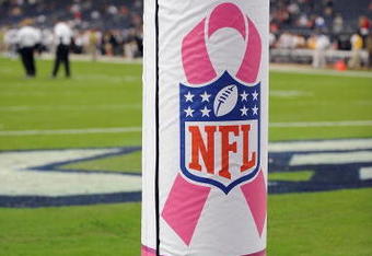 HOUSTON - OCTOBER 04:  A pink ribbon with the NFL logo in support of Breast Cancer Awareness on the goal post before a game between the Oakland Raiders and the Houston Texans at Reliant Stadium on October 4, 2009 in Houston, Texas.  (Photo by Ronald Martinez/Getty Images)