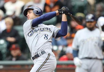 SAN FRANCISCO - APRIL 07:  Ryan Braun #8 of the Milwaukee Brewers bats against the San Francisco Giants during Opening Day of the Major League Baseball season on April 7, 2009 at AT&T Park in San Francisco, California.  (Photo by Jed Jacobsohn/Getty Images)