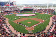 CINCINNATI, OH - APRIL 6: Both teams line up during the National Anthem of the United States before the opening day game between the Cincinnati Reds against the New York Mets at Great American Ballpark on April 6, 2009 in Cincinnati, Ohio. (Photo by Mark Lyons/Getty Images)