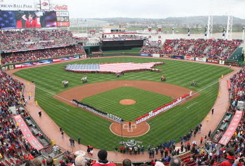 CINCINNATI, OH - APRIL 6:  Both teams line up during the National Anthem of the United States before the opening day game between the Cincinnati Reds against the New York Mets at Great American Ballpark on April 6, 2009 in Cincinnati, Ohio. (Photo by Mark Lyons/Getty Images)