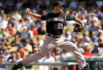 LOS ANGELES, CA - OCTOBER 04:  Pitcher Jason Marquis #21 of the Colorado Rockies throws a pitch against the Los Angeles Dodgers on October 4, 2009 at Dodger Stadium in Los Angeles, California.  The Dodgers won 5-3.  (Photo by Stephen Dunn/Getty Images)