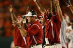 MIAMI GARDENS, FL - OCTOBER 3:   Head coach Bob Stoops of the Oklahoma Sooners celebrates the touchdown scored by wide receiver Cameron Kenney #6 (not pictured) in the first quarter of the game against the Miami Hurricanes on October 3, 2009 at Landshark Stadium in Miami Gardens, Florida. (Photo by Doug Benc/Getty Images)