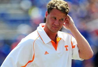GAINESVILLE, FL - SEPTEMBER 19:  Head coach Lane Kiffin of the Tennessee Volunteers watches the action prior to the game against the Florida Gators at Ben Hill Griffin Stadium on September 19, 2009 in Gainesville, Florida.  (Photo by Sam Greenwood/Getty Images)