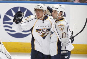 EDMONTON, CANADA - FEBRUARY 1: Martin Erat #10 celebrates with teammate David Legwand #11 of the Nashville Predators after a goal against the Edmonton Oilers on February 1, 2009 at Rexall Place in Edmonton, Alberta, Canada. (Photo by Dale MacMillan/Getty Images)