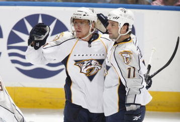 EDMONTON, CANADA - FEBRUARY 1: Martin Erat #10 celebrates with teammate David Legwand #11 of the Nashville Predators after a goal against the Edmonton Oilers on February 1, 2009 at Rexall Place in Edmonton, Alberta, Canada. (Photo by Dale MacMillan/Getty Images)