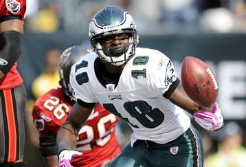 PHILADELPHIA - OCTOBER 11:  Jeremy Maclin #18 of the Philadelphia Eagles celebrates his touchdown in front of Will Allen #26 of the Tampa Bay Buccaneers at Lincoln Financial Field on October 11, 2009 in Philadelphia, Pennsylvania.  (Photo by Jeff Zelevansky/Getty Images)