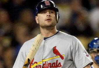 LOS ANGELES, CA - OCTOBER 07:  Matt Holliday #15 of the St. Louis Cardinals reacts after striking out in the seventh inning of Game One of the NLDS during the 2009 MLB Playoffs against the Los Angeles Dodgers at Dodger Stadium on October 7, 2009 in Los Angeles, California.  (Photo by Jeff Gross/Getty Images)