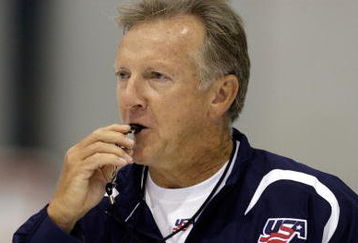 WOODRIDGE, IL - AUGUST 17:  Head coach Ron Wilson runs drills during the USA Olympic Men's Ice Hockey Orientation Camp on August 17, 2009 at Seven Bridges Ice Arena in Woodridge, Illinois.  (Photo by Jamie Squire/Getty Images)