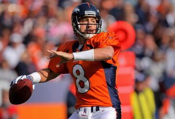 DENVER - OCTOBER 04:  Quarterback Kyle Orton #8 of the Denver Broncos drops back to pass against the Dallas Cowboys during NFL action at Invesco Field at Mile High on October 4, 2009 in Denver, Colorado. The Broncos defeated the Cowboys 17-10.  (Photo by Doug Pensinger/Getty Images)