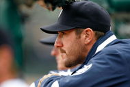 DETROIT - MARCH 31:  Justin Verlander #35 of the Detroit Tigers looks on from the dugout against the Kansas City Royals during their game on Opening Day on March 31, 2008 at Comerica Park in Detroit, Michigan. Royals won 5-4 in 11 innings.  (Photo by Gregory Shamus/Getty Images)