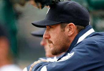 DETROIT - MARCH 31:  Justin Verlander #35 of the Detroit Tigers looks on from the dugout against the Kansas City Royals during their game on Opening Day on March 31, 2008 at Comerica Park in Detroit, Michigan. Royals won 5-4 in 11 innings.  (Photo by Gregory Shamus/Getty Images)