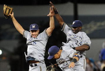 LOS ANGELES, CA - AUGUST 05: Ryan Braun #8, Mike Camron #25, and Jody Gerut #22  of the Milwaukee Brewers celebrate a 4-1 victory over the Los Angeles Dodgers at Dodger Stadium on August 5, 2009 in Los Angeles, California.  (Photo by Harry How/Getty Images)