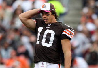 CLEVELAND - OCTOBER 04:  Brady Quinn #10 of the Cleveland Browns looks on against the Cincinnati Bengals during their game at Cleveland Browns Stadium on October 4, 2009 in Cleveland, Ohio. The Bengals defeated the Browns 23-20 in overtime.  (Photo by Jim McIsaac/Getty Images)