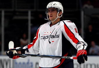 NEW YORK - SEPTEMBER 24:  Alex Ovechkin #8 of the Washington Capitals looks on against the New York Rangers during their preseason game on September 24, 2009 at Madison Square Garden in New York City.  (Photo by Jim McIsaac/Getty Images)