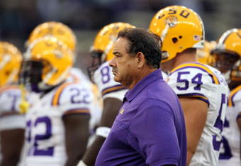 SEATTLE - SEPTEMBER 5:  Defensive coordinator John Chavis of the LSU Tigers looks on during pre-game warm-up against the Washington Huskies on September 5, 2009 at Husky Stadium in Seattle, Washington. The LSU Tigers defeated the Washington Huskies 31-23. (Photo by Otto Greule Jr/Getty Images)