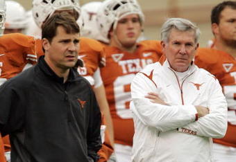 AUSTIN, TX - OCTOBER 10: Defensive coordinator Will Muschamp and head coach Mack Brown of the Texas Longhorns lead their team in pregame drills before playing the Colorado Buffaloes on October 10, 2009 at the Darrell K Royal-Texas Memorial Stadium in Austin, Texas. (Photo by Brian Bahr/Getty Images)