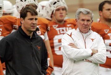 AUSTIN, TX - OCTOBER 10: Defensive coordinator Will Muschamp and head coach Mack Brown of the Texas Longhorns lead their team in pregame drills before playing the Colorado Buffaloes on October 10, 2009 at the Darrell K Royal-Texas Memorial Stadium in Austin, Texas. (Photo by Brian Bahr/Getty Images)