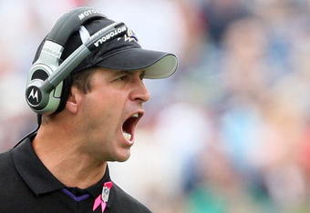 FOXBORO, MA - OCTOBER 4:  Coach John Harrington of the Baltimore Ravens reacts to a call during a game with the New England Patriots at Gillette Stadium on October 4, 2009 in Foxboro, Massachusetts. (Photo by Jim Rogash/Getty Images)