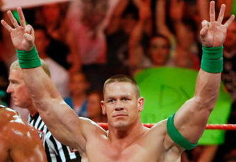 LAS VEGAS - AUGUST 24:  Wrestler John Cena appears in the ring during the WWE Monday Night Raw show at the Thomas & Mack Center August 24, 2009 in Las Vegas, Nevada.  (Photo by Ethan Miller/Getty Images)