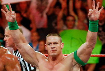 LAS VEGAS - AUGUST 24:  Wrestler John Cena appears in the ring during the WWE Monday Night Raw show at the Thomas & Mack Center August 24, 2009 in Las Vegas, Nevada.  (Photo by Ethan Miller/Getty Images)