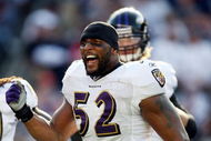 FOXBORO, MA - OCTOBER 04:  Ray Lewis #52 of the Baltimore Ravens argues a call in the fourth quarter against the New England Patriots on October 4, 2009 at Gillette Stadium in Foxboro, Massachusetts. The Patriots defeated the Ravens 27-21.  (Photo by Elsa/Getty Images)