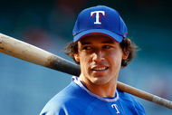 ANAHEIM, CA - JULY 07: Ian Kinsler #5 of the Texas Rangers takes batting practice prior to the game against the Los Angeles Angels of Anaheim at Angel Stadium on July 7, 2009 in Anaheim, California. (Photo by Jeff Gross/Getty Images)