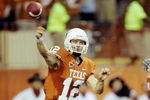 AUSTIN, TX - SEPTEMBER 5:  Colt McCoy #12 of the Texas Longhorns throws from the one-yard line before connecting with Jordan Shipley for a touchdown on the next play against the Louisiana Monroe Warhawks on September 5, 2009 at Darrell K Royal-Texas Memorial Stadium in Austin, Texas.  (Photo by Brian Bahr/Getty Images)