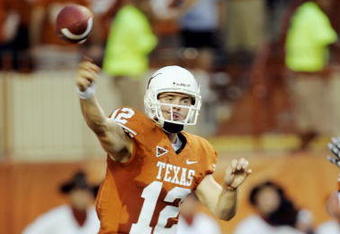 AUSTIN, TX - SEPTEMBER 5:  Colt McCoy #12 of the Texas Longhorns throws from the one-yard line before connecting with Jordan Shipley for a touchdown on the next play against the Louisiana Monroe Warhawks on September 5, 2009 at Darrell K Royal-Texas Memorial Stadium in Austin, Texas.  (Photo by Brian Bahr/Getty Images)