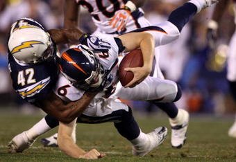 SAN DIEGO - DECEMBER 24:  Starting Quarterback Jay Cutler #6 of the Denver Broncos is sacked Clinton Hart #42 of the San Diego Chargers during the first half of their NFL game at Qualcomm Stadium December 24, 2007 in San Diego, California.  (Photo by Donald Miralle/Getty Images)