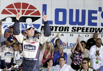 CONCORD, NC - MAY 29:  Jimmie Johnson, driver of the #48 Hendricks Motorsports Lowe's Chevrolet, celebrates after winning the NASCAR Nextel Cup Coca-Cola 600 on May 29, 2005 at Lowe's Motor Speedway in Concord, North Carolina.  (Photo By Streeter Lecka/Getty Images)