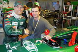 BARCELONA, SPAIN - MAY 7:  Mark Webber of Australia and Jaguar alongside Nascar champion Jeff Gordon during the practise session for the Barcelona F1 Grand Prix on May 7, 2004, at the Circuit de Catalunya in Barcelona, Spain. (Photo by Mark Thompson/Getty Images)