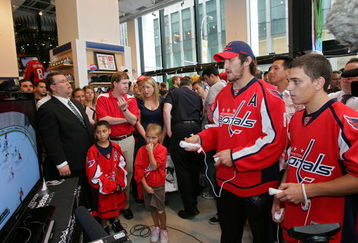 NEW YORK - SEPTEMBER 09:  Alex Ovechkin plays Wii against Matthew Pietrzak during an appearance at the NHL Powered by Reebok Store on September 9, 2009 in New York, New York.  (Photo by Michael Cohen/Getty Images)