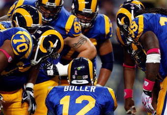 ST. LOUIS - OCTOBER 11:  :  :  :  :  :  :  Quarterback Kyle Boller #12 of the St. Louis Rams at Edward Jones Dome on October 11, 2009 in St. Louis, Missouri.  (Photo by Ronald Martinez/Getty Images)
