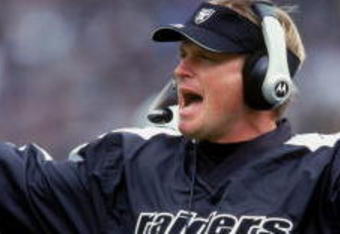 2 Dec 2001:  Head Coach Jon Gruden of the Oakland Raiders yells on the sidelines during the game against the Arizona Cardinals at the Network Associates Coliseum in Oakland, California. The Cardinals defeated the Raiders 34-31.Mandatory Credit:  Tom Hauck /Allsport