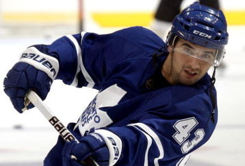 TORONTO - SEPTEMBER 22:  Nazem Kadri #43 of the Toronto Maple Leafs shoots during warm-ups before a pre-season  NHL game at the Air Canada Centre on September 22, 2009 in Toronto, Ontario, Canada .  (Photo by Abelimages/Getty Images)