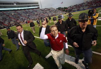 OXFORD, MS - OCTOBER 10:  Coach Nick Saban of the Alabama Crimson Tide reacts at the end of a 22-3 win over the Mississippi Rebels at Vaught-Hemingway Stadium on October 10, 2009 in Oxford, Mississippi. (Photo by Dave Martin/Getty Images)