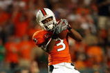 FORT LAUDERDALE, FL - OCTOBER 03: Wide receiver Travis Benjamin #3 of the Miami Hurricanes catches a touchdown pass against the Oklahoma Sooners at Land Shark Stadium on October 3, 2009 in Fort Lauderdale, Florida. Miami defeated Oklahoma 21-20. (Photo by Doug Benc/Getty Images)
