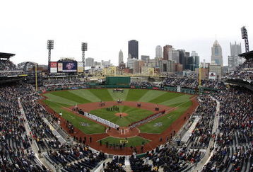 PITTSBURGH - APRIL 13: The Pittsburgh Pirates and Houston Astros look on while the National Anthem is performed during the Pirates Home Opener at PNC Park April 13, 2009 in Pittsburgh, Pennsylvania.  (Photo by Gregory Shamus/Getty Images)