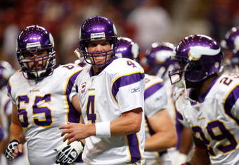 ST. LOUIS - OCTOBER 11:  :  :  :  :  :  :  :  :  :  :  :  Quarterback Brett Favre #4 of the Minnesota Vikings at Edward Jones Dome on October 11, 2009 in St. Louis, Missouri.  (Photo by Ronald Martinez/Getty Images)