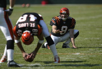 CINCINNATI - SEPTEMBER 29:  Kick holder Nick Harris #8 of the Cincinnati Bengals looks to receive the football from teammate long snapper Brad St. Louis #48 during warms ups before the game against the Tampa Bay Buccaneers on September 29, 2002 at Paul Brown Stadium in Cincinnati, Ohio.  The Buccaneers defeated the Bengals 35-7.  (Photo by Tom Pidgeon/Getty Images)