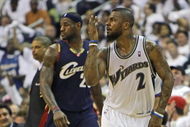WASHINGTON - APRIL 24: DeShawn Stevenson #2 of the Washington Wizards celebrates a play in front of LeBron James #23 of the Cleveland Cavaliers in Game Three of the Eastern Conference Quarterfinals during the 2008 NBA Playoffs at the Verizon Center on April 24, 2008 in Washington, DC. The Wizards won 108-72. NOTE TO USER: User expressly acknowledges and agrees that, by downloading and or using this photograph, User is consenting to the terms and conditions of the Getty Images License Agreement. (Photo by Drew Hallowell/Getty Images)