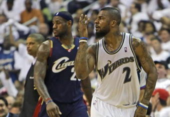 WASHINGTON - APRIL 24: DeShawn Stevenson #2 of the Washington Wizards celebrates a play in front of LeBron James #23 of the Cleveland Cavaliers in Game Three of the Eastern Conference Quarterfinals during the 2008 NBA Playoffs at the Verizon Center on April 24, 2008 in Washington, DC. The Wizards won 108-72. NOTE TO USER: User expressly acknowledges and agrees that, by downloading and or using this photograph, User is consenting to the terms and conditions of the Getty Images License Agreement. (Photo by Drew Hallowell/Getty Images)
