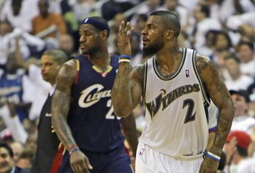 WASHINGTON - APRIL 24: DeShawn Stevenson #2 of the Washington Wizards celebrates a play in front of LeBron James #23 of the Cleveland Cavaliers in Game Three of the Eastern Conference Quarterfinals during the 2008 NBA Playoffs at the Verizon Center on April 24, 2008 in Washington, DC. The Wizards won 108-72. NOTE TO USER: User expressly acknowledges and agrees that, by downloading and or using this photograph, User is consenting to the terms and conditions of the Getty Images License Agreement. (Photo by Drew Hallowell/Getty Images)