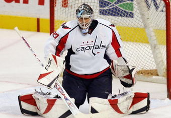 PHILADELPHIA - FEBRUARY 06: Olaf Kolzig #37 of the Washington Capitals defends his net against the Philadelphia Flyers on February 6, 2008 at Wachovia Center in Philadelphia, Pennsylvania. The Caps defeated the Flyers 4-3. (Photo by Jim McIsaac/Getty Images) 