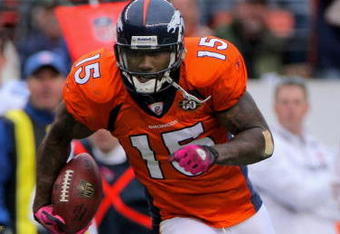 DENVER - OCTOBER 04:  Brandon Marshall #15 of the Denver Broncos goes 51 yards for the game winning touchdown reception against the Dallas Cowboys with 2:47 remaining in the fourth quarter during NFL action at Invesco Field at Mile High on October 4, 2009 in Denver, Colorado. The Broncos defeated the Cowboys 17-10.  (Photo by Doug Pensinger/Getty Images)