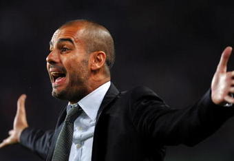 BARCELONA, SPAIN - OCTOBER 03:  Coach Josep Guardiola of Barcelona shouts to his players during the La Liga match between Barcelona and Almeria at the Camp Nou Stadium on October 3, 2009 in Barcelona, Spain. Barcelona won the match 1-0.  (Photo by Jasper Juinen/Getty Images)