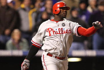 DENVER - OCTOBER 12: Ryan Howard #6 of the Philadelphia Phillies hits a two run double in the ninth inning against the Colorado Rockies in Game Four of the NLDS during the 2009 MLB Playoffs at Coors Field on October 12, 2009 in Denver, Colorado. (Photo by Jed Jacobsohn/Getty Images)